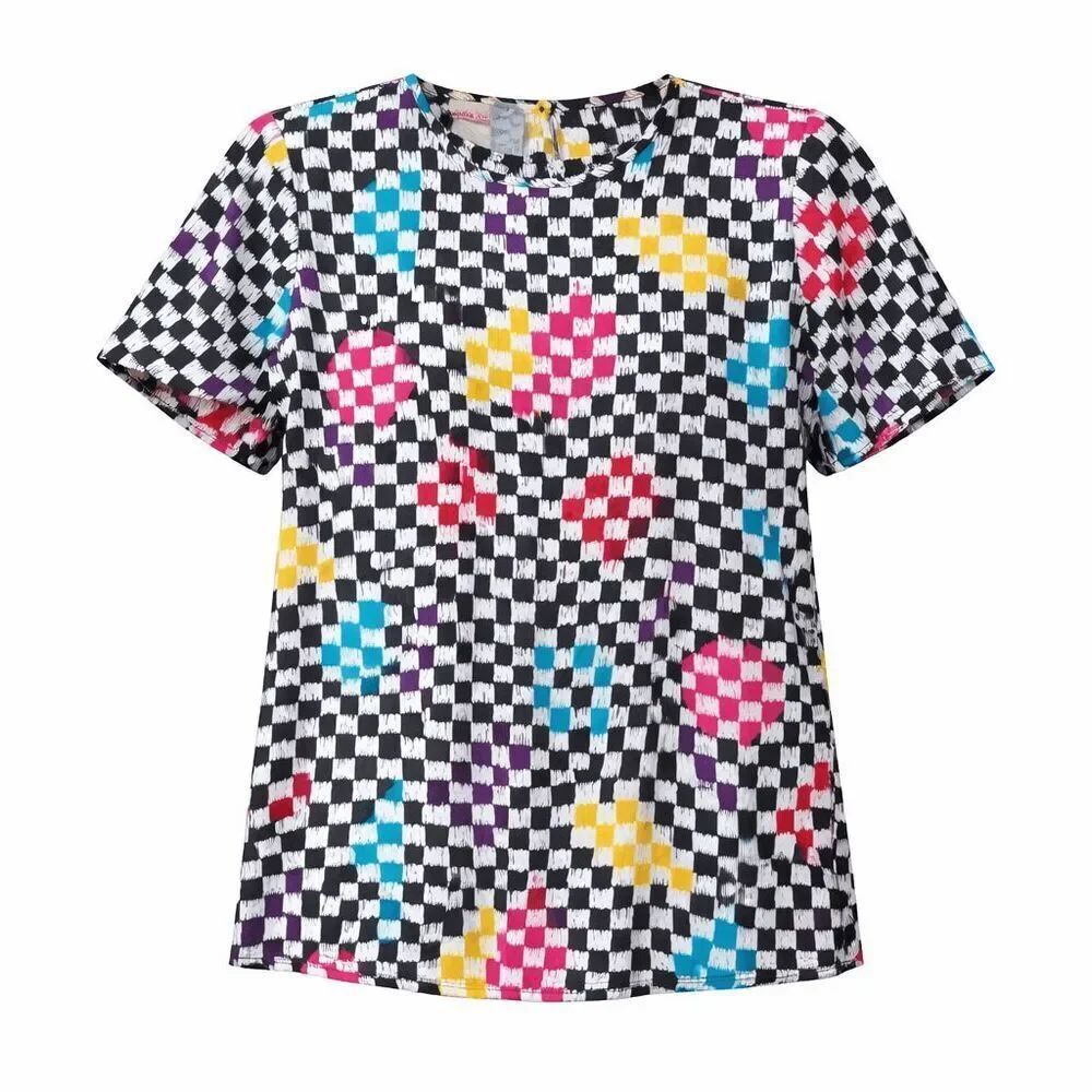 VTG 80s Bobbie Brooks Checkerboard Rainbow Geometric Statement Blouse